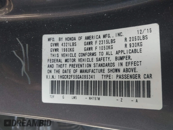 2016 Honda Accord Sport with VIN 1HGCR2F55GA095341, listed as a IAAI auction lot 42475410 with 154,470 mi miles and . Bid and sale history available at DreamBid. Image 9.