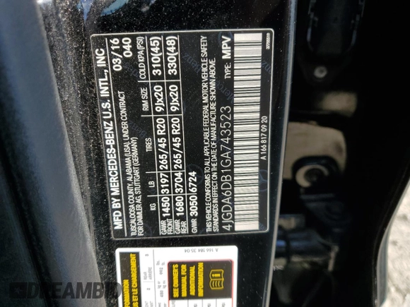 2016 Mercedes-Benz GLE 550e with VIN 4JGDA6DB1GA743523, listed as a Copart auction lot 66542924 with 118,717 mi miles and Salvage title. Bid and sale history available at DreamBid. Image 14.
