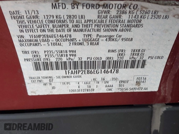 2014 Ford Taurus SEL with VIN 1FAHP2E86EG146478, listed as a IAAI auction lot 42131865 with 124,204 mi miles and . Bid and sale history available at DreamBid. Image 9.
