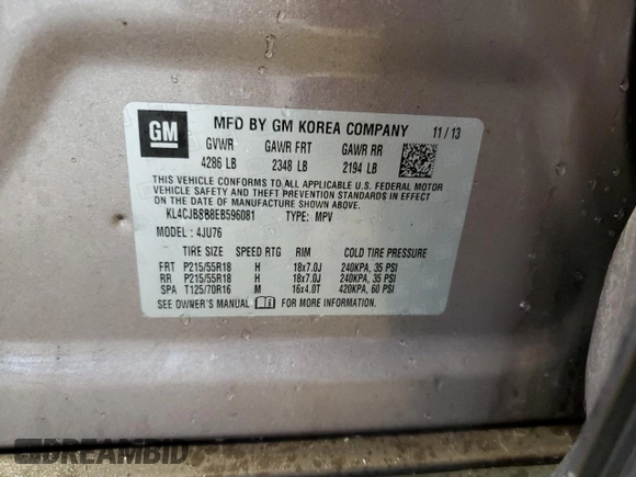 2014 Buick Encore Convenience with VIN KL4CJBSB8EB596081, listed as a Copart auction lot 55095215 with 116,892 mi miles and Non Repairable. Bid and sale history available at carsss.com. Image 13.