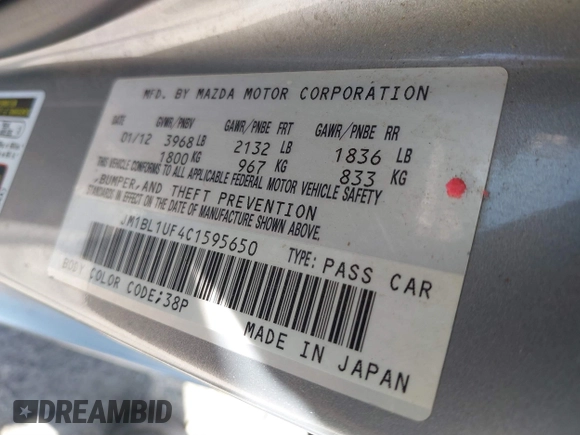2012 Mazda 3 i Sport with VIN JM1BL1UF4C1595650, listed as a IAAI auction lot 40127921 with 190,421 mi miles and . Bid and sale history available at DreamBid. Image 9.