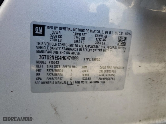 2017 GMC Sierra 1500 SLT with VIN 3GTU2NEC4HG474083, listed as a Copart auction lot 48921515 with 0 mi miles and Salvage Title. Bid and sale history available at carsss.com. Image 12.