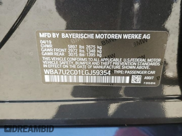 2020 BMW 7 Series 750i xDrive with VIN WBA7U2C01LGJ59354, listed as a Copart auction lot 58669874 with 0 mi miles and Salvage Title. Bid and sale history available at carsss.com. Image 14.