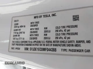 2021 Tesla Model 3 Performance with VIN 5YJ3E1EC8MF044388, listed as a IAAI auction lot 41821892 with Not Provided miles and . Bid and sale history available at carsss.com. Image 9.