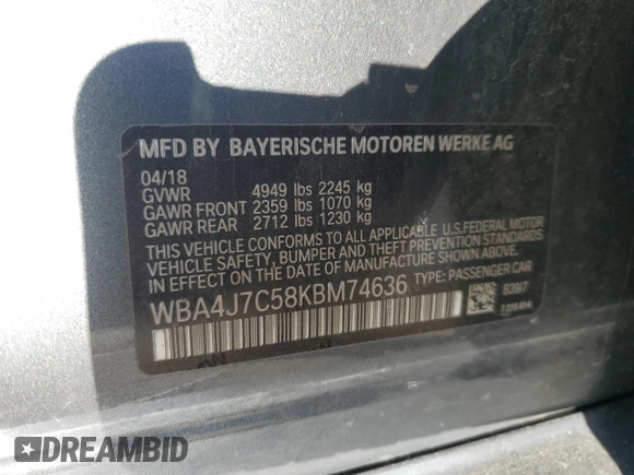 2019 BMW 4 Series 440i xDrive with VIN WBA4J7C58KBM74636, listed as a Copart auction lot 83778054 with 81,561 mi miles and Non Repairable. Bid and sale history available at carsss.com. Image 12.