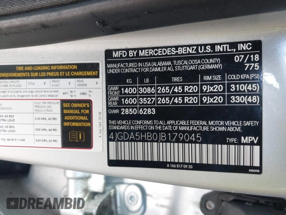 2018 Mercedes-Benz GLE 350 with VIN 4JGDA5HB0JB179045, listed as a IAAI auction lot 41386930 with Not Provided miles and . Bid and sale history available at DreamBid. Image 9.