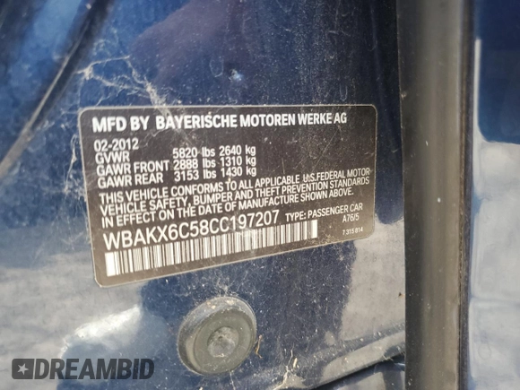 2012 BMW 7 Series with VIN WBAKX6C58CC197207, listed as a Copart auction lot 84153784 with 130,049 mi miles and Salvage title. Bid and sale history available at DreamBid. Image 12.