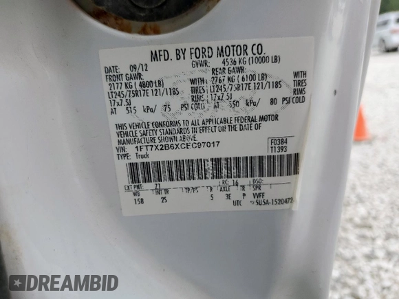 2012 Ford F-250 XL with VIN 1FT7X2B6XCEC97017, listed as a Copart auction lot 56932445 with 146,223 mi miles and Salvage title. Bid and sale history available at DreamBid. Image 12.