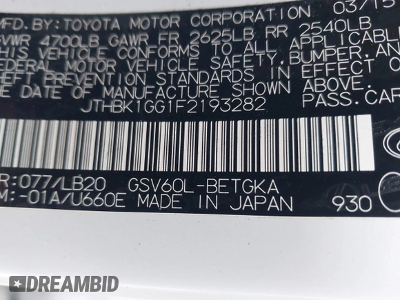 2015 Lexus ES with VIN JTHBK1GG1F2193282, listed as a IAAI auction lot 41238440 with 66,433 mi miles. Bid and sale history available at carsss.com. Image 9.