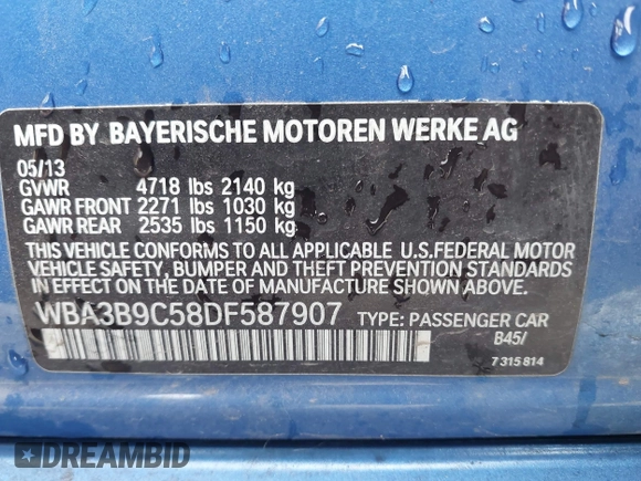 2013 BMW 3 Series 335i xDrive с VIN WBA3B9C58DF587907, выставлен на аукционе IAAI как лот 42047184 с пробегом 114 690 миль миль и . История ставок и продаж доступна на DreamBid. Изображение 9.