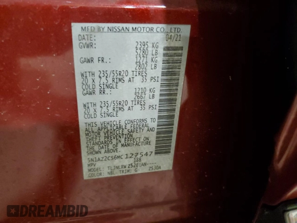 2021 Nissan Murano SL with VIN 5N1AZ2CS6MC127547, listed as a Copart auction lot 51979505 with 42,148 mi miles and Salvage Title. Bid and sale history available at DreamBid. Image 13.
