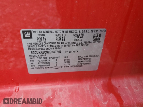2014 Chevrolet Silverado 1500 LT with VIN 3GCUKREC9EG239715, listed as a Copart auction lot 85108724 with 80,121 mi miles and Salvage Title. Bid and sale history available at DreamBid. Image 12.