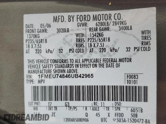 2006 Ford Explorer Eddie Bauer with VIN 1FMEU74846UB42965, listed as a Copart auction lot 60403425 with 140,327 mi miles and Clean title. Bid and sale history available at DreamBid. Image 13.