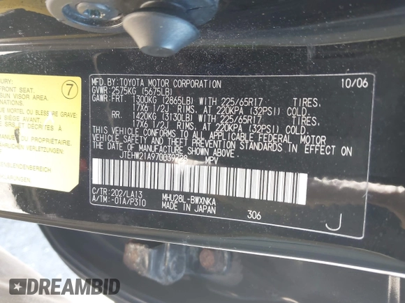 2007 Toyota Highlander Hybrid with VIN JTEHW21A970039728, listed as a IAAI auction lot 42044242 with 200,798 mi miles. Bid and sale history available at carsss.com. Image 9.