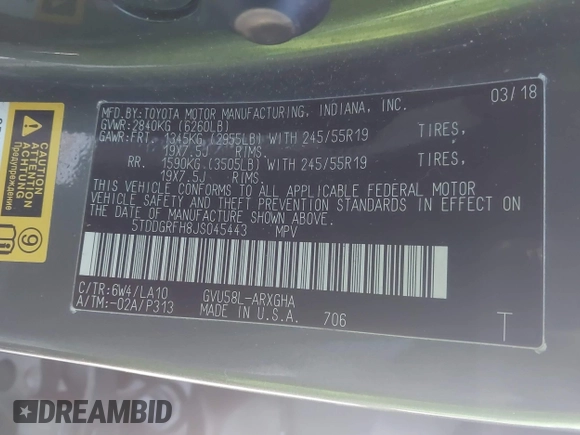 2018 Toyota Highlander Hybrid Limited with VIN 5TDDGRFH8JS045443, listed as a IAAI auction lot 41256831 with 105,736 mi miles and . Bid and sale history available at DreamBid. Image 9.