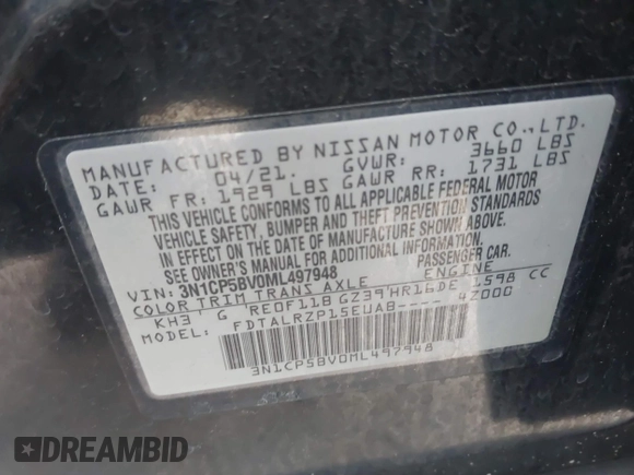 2021 Nissan Kicks S with VIN 3N1CP5BV0ML497948, listed as a IAAI auction lot 41660769 with 36,964 mi miles. Bid and sale history available at carsss.com. Image 9.