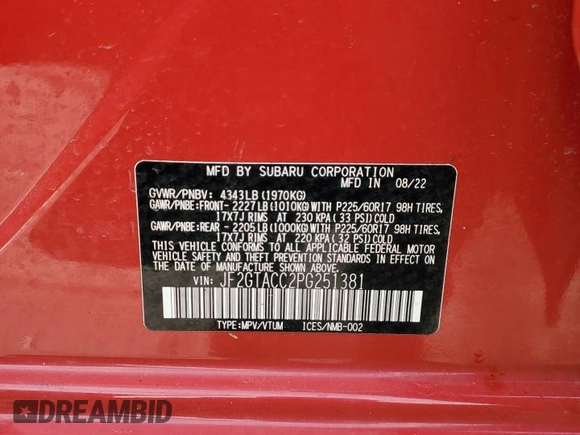 2023 Subaru Crosstrek Premium z VIN JF2GTACC2PG251381, wystawiony jako Copart lot #47400735 z przebiegiem 23 976 mil mil oraz Szkoda całkowita • Salvage title. Historia ofert i sprzedaży dostępna na DreamBid. Obrazek 13.