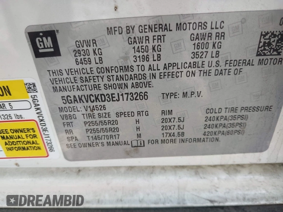 2014 Buick Enclave Premium with VIN 5GAKVCKD3EJ173266, listed as a IAAI auction lot 41820584 with 175,017 mi miles and . Bid and sale history available at DreamBid. Image 9.