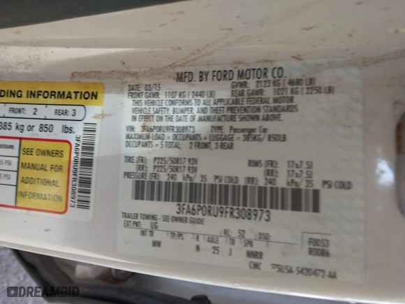 2015 Ford Fusion Titanium Hybrid with VIN 3FA6P0RU9FR308973, listed as a IAAI auction lot 41754320 with 82,686 mi miles. Bid and sale history available at carsss.com. Image 9.