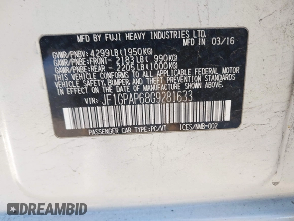 2016 Subaru Impreza Special Sports Premium with VIN JF1GPAP68G9281633, listed as a IAAI auction lot 41315086 with 100,616 mi miles and . Bid and sale history available at DreamBid. Image 9.