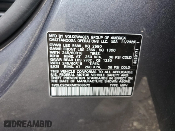 2021 Volkswagen Atlas SE with VIN 1V2LC2CAXMC208572, listed as a Copart auction lot 57548694 with 39,183 mi miles and Salvage title. Bid and sale history available at DreamBid. Image 13.