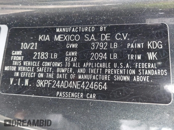 2022 Kia Forte LXS with VIN 3KPF24AD4NE424664, listed as a IAAI auction lot 41893278 with 67,090 mi miles. Bid and sale history available at carsss.com. Image 9.