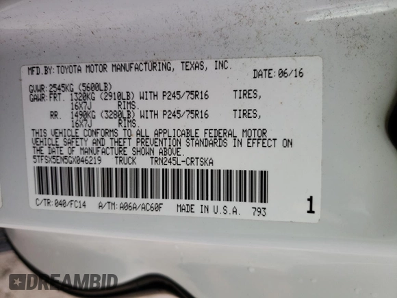 2016 Toyota Tacoma SR z VIN 5TFSX5EN5GX046219, wystawiony jako Copart lot #47648335 z przebiegiem 17 183 mil mil oraz Szkoda całkowita • Salvage title. Historia ofert i sprzedaży dostępna na DreamBid. Obrazek 12.