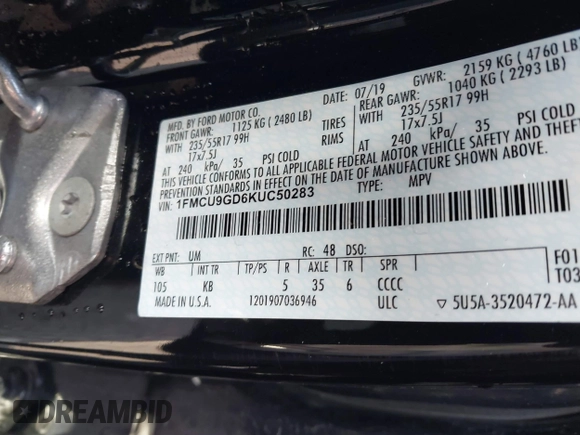 2019 Ford Escape SE z VIN 1FMCU9GD6KUC50283, wystawiony jako IAAI lot #41941204 z przebiegiem 53 417 mil mil oraz . Historia ofert i sprzedaży dostępna na DreamBid. Obrazek 9.