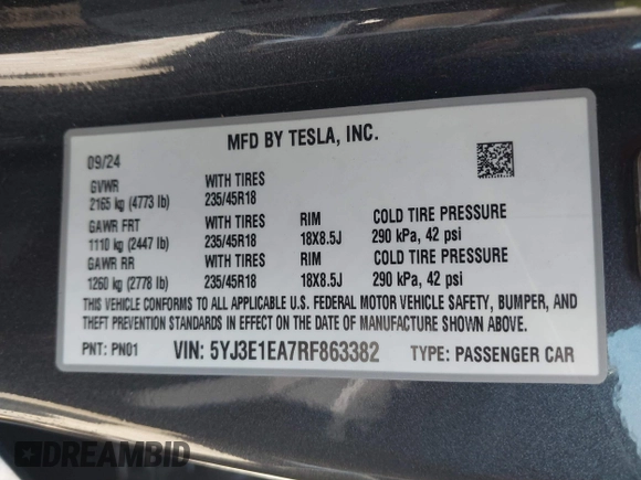 2024 Tesla Model 3 with VIN 5YJ3E1EA7RF863382, listed as a IAAI auction lot 41780246 with 1,294 mi miles and . Bid and sale history available at DreamBid. Image 9.