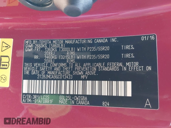 2016 Lexus RX 350 with VIN 2T2BZMCA9GC013433, listed as a IAAI auction lot 42781697 with 90,005 mi miles and . Bid and sale history available at DreamBid. Image 9.