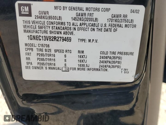 2002 Chevrolet Tahoe LS with VIN 1GNEC13V82R279469, listed as a Copart auction lot 81807564 with 350,665 mi miles and Salvage Title. Bid and sale history available at carsss.com. Image 13.