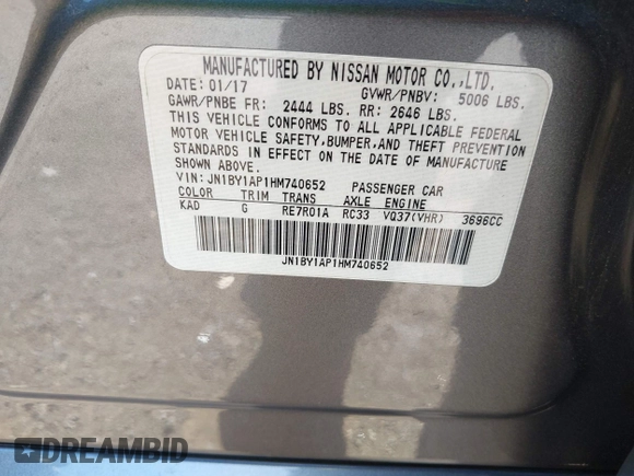 2017 Infiniti Q70 3.7 with VIN JN1BY1AP1HM740652, listed as a IAAI auction lot 42417772 with 81,723 mi miles and . Bid and sale history available at DreamBid. Image 9.