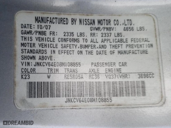 2008 Infiniti G37 Coupe Journey with VIN JNKCV64E08M108855, listed as a Copart auction lot 50326264 with NaN miles and Salvage Title. Bid and sale history available at carsss.com. Image 13.
