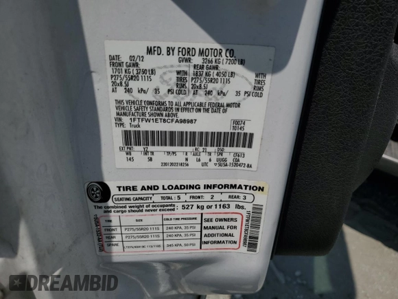 2012 Ford F-150 XL with VIN 1FTFW1ET8CFA98987, listed as a Copart auction lot 61752515 with 219,581 mi miles and Salvage title. Bid and sale history available at DreamBid. Image 12.