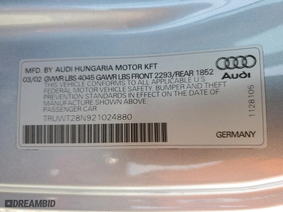 2002 Audi TT ALMS Edition with VIN TRUWT28N921024880, listed as a Copart auction lot 43742855 with 111,329 mi miles and Salvage Title. Bid and sale history available at carsss.com. Image 14.