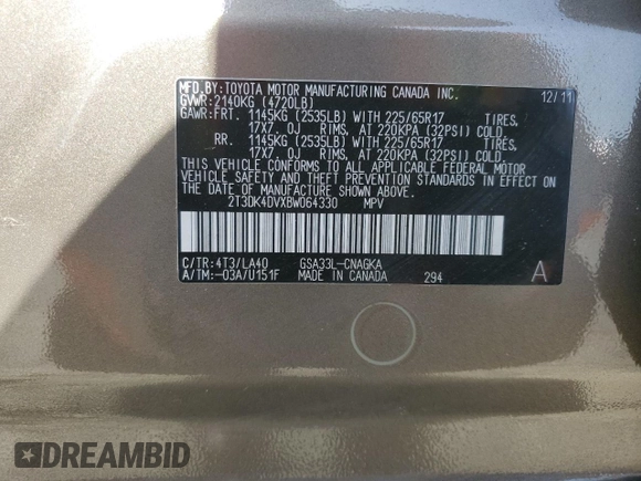 2011 Toyota RAV4 Limited with VIN 2T3DK4DVXBW064330, listed as a Copart auction lot 60858175 with 158,637 mi miles and Salvage title. Bid and sale history available at DreamBid. Image 12.