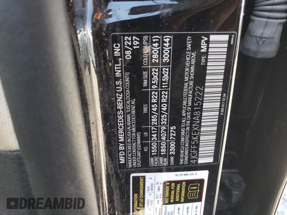 2022 Mercedes-Benz GLS 450 with VIN 4JGFF5KEXNA815222, listed as a Copart auction lot 60340715 with 40,342 mi miles and Salvage title. Bid and sale history available at DreamBid. Image 13.