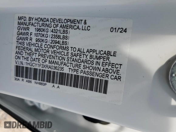 2024 Honda Accord EX с VIN 1HGCY1F3XRA036235, выставлен на аукционе Copart как лот 55147395 с пробегом Не указан миль и Списание • Salvage title. История ставок и продаж доступна на DreamBid. Изображение 12.