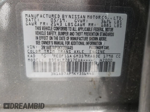 2019 Nissan Sentra S with VIN 3N1AB7AP9KY356445, listed as a Copart auction lot 58671275 with 133,066 mi miles and Clean title. Bid and sale history available at DreamBid. Image 12.