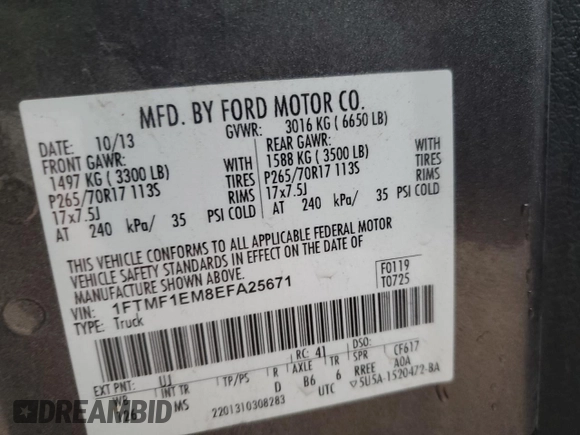 2014 Ford F-150 XL с VIN 1FTMF1EM8EFA25671, выставлен на аукционе Copart как лот 58941145 с пробегом 183 542 миль миль и Списание • Salvage title. История ставок и продаж доступна на DreamBid. Изображение 12.