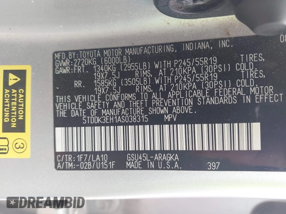 2010 Toyota Highlander Limited with VIN 5TDDK3EH1AS038315, listed as a IAAI auction lot 42480578 with 245,280 mi miles and . Bid and sale history available at DreamBid. Image 9.