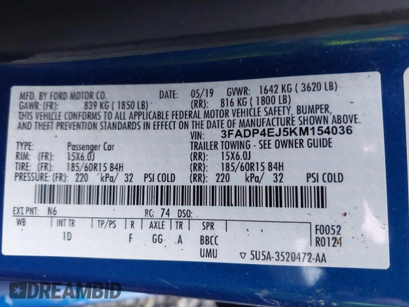 2019 Ford Fiesta SE с VIN 3FADP4EJ5KM154036, выставлен на аукционе IAAI как лот 41209920 с пробегом 52 313 миль миль и . История ставок и продаж доступна на DreamBid. Изображение 9.