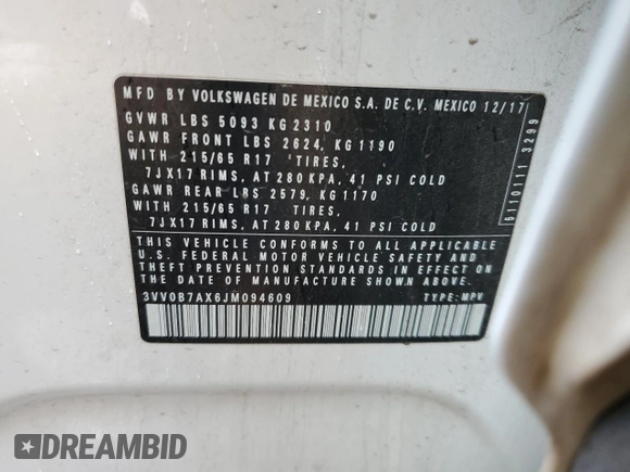 2018 Volkswagen Tiguan S with VIN 3VV0B7AX6JM094609, listed as a Copart auction lot 59550215 with 118,975 mi miles and Salvage title. Bid and sale history available at DreamBid. Image 14.