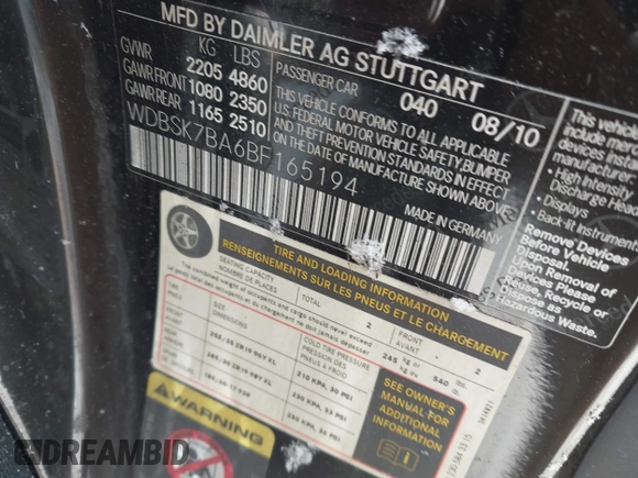 2011 Mercedes-Benz SL 550 with VIN WDBSK7BA6BF165194, listed as a IAAI auction lot 41624837 with Not provided miles and . Bid and sale history available at DreamBid. Image 9.