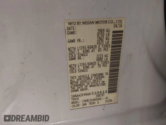 2016 Nissan Titan XD S with VIN 1N6AA1F46GN510414, listed as a IAAI auction lot 41882144 with 237,224 mi miles. Bid and sale history available at carsss.com. Image 9.