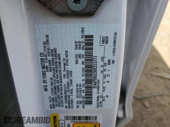2019 Ford Fusion Hybrid Titanium with VIN 3FA6P0RU2KR255771, listed as a Copart auction lot 58183712 with 59,988 mi miles. Bid and sale history available at carsss.com. Image 10.