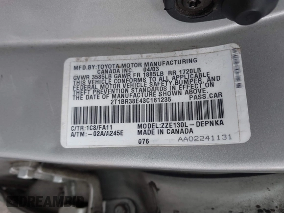 2003 Toyota Corolla CE with VIN 2T1BR38E43C161235, listed as a IAAI auction lot 41471640 with 190,764 mi miles and . Bid and sale history available at DreamBid. Image 9.