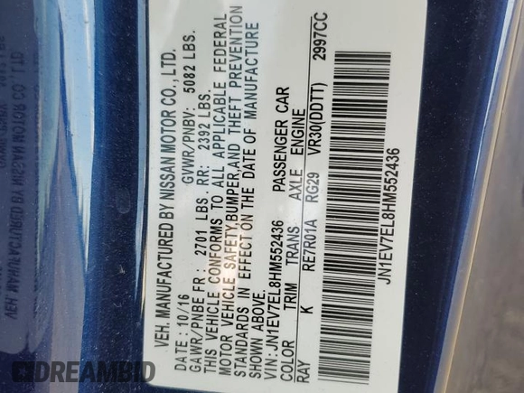 2017 Infiniti Q60 Premium with VIN JN1EV7EL8HM552436, listed as a Copart auction lot 49728925 with 48,104 mi miles and Salvage title. Bid and sale history available at DreamBid. Image 12.