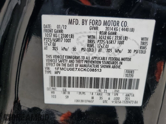 2012 Ford Escape Limited z VIN 1FMCU0E7XCKC08513, wystawiony jako Copart lot #51599855 z przebiegiem 99 209 mil mil oraz Szkody całkowita. Historia ofert i sprzedaży dostępna na DreamBid. Obrazek 12.