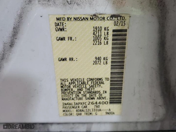 2015 Nissan Altima 2.5 S with VIN 1N4AL3APXFC264400, listed as a Copart auction lot 50314445 with 132,136 mi miles and Salvage Title. Bid and sale history available at carsss.com. Image 12.